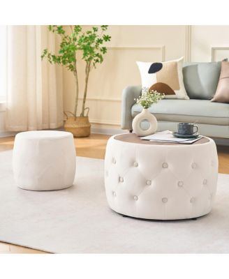 Luxurious Velvet Nesting Ottomans (Set of 2) - 4-in-1 Storage, Wood Tray, Beige