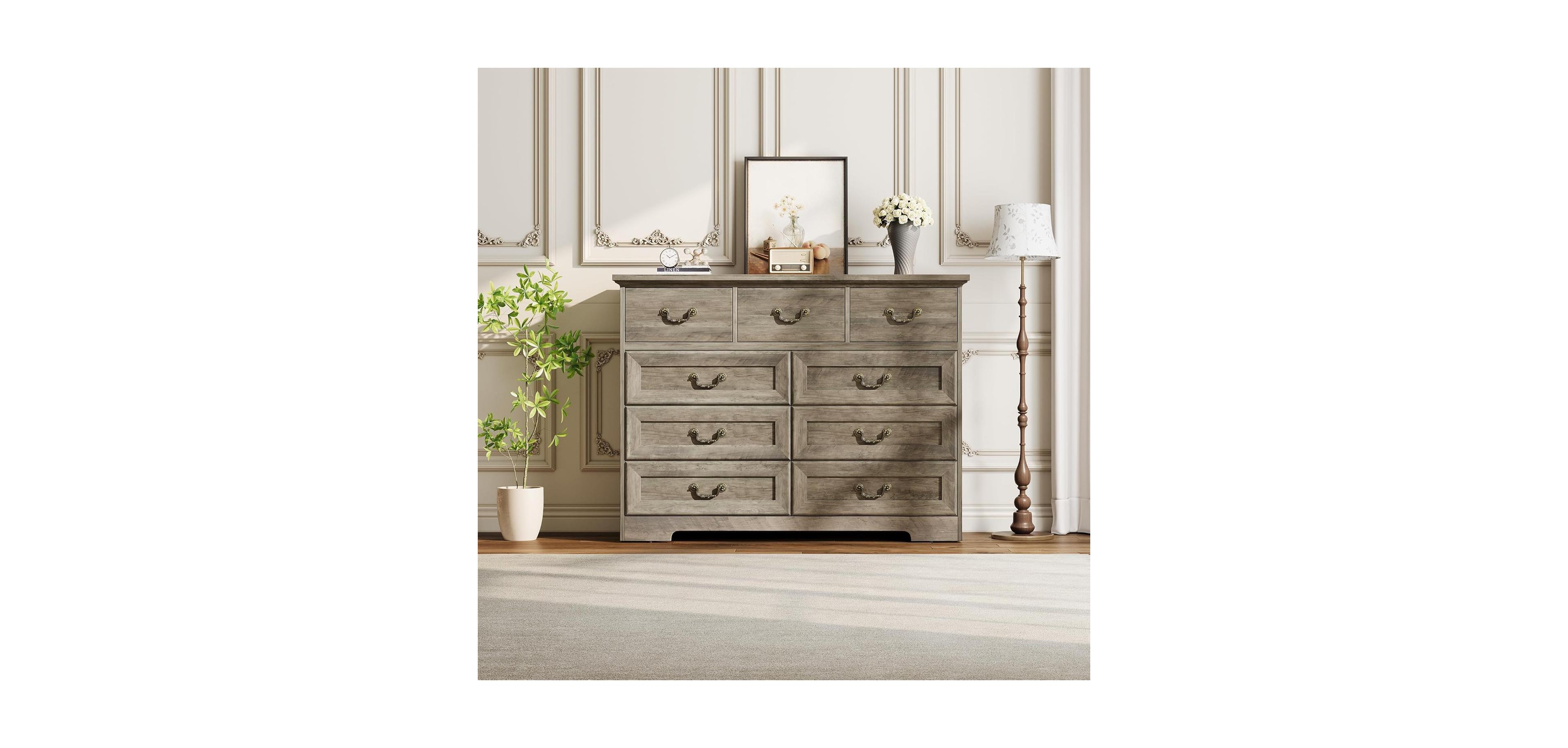 gaomon Farmhouse 9-Drawer Dresser, Rustic Vintage Chest with Natural Texture, Spacious Storage Organizer, Grey