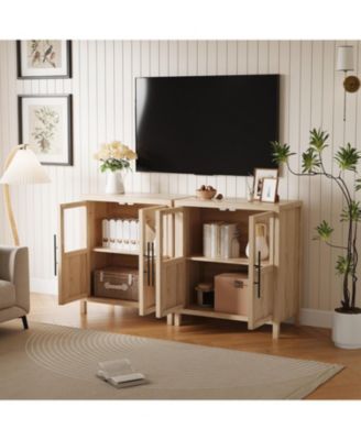 Sideboard Cabinet with 2 Glass Doors and Drawers, 29" Buffet with Solid Wood Top