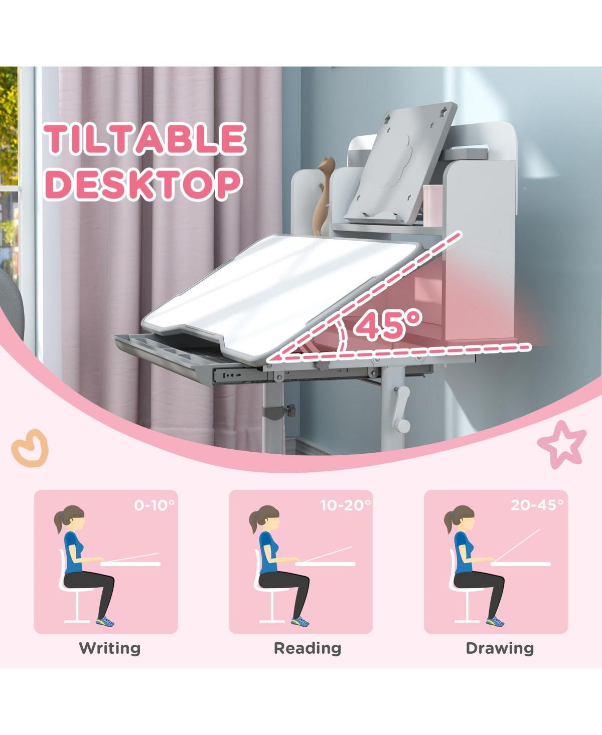 Qaba Height Adjustable Kids Desk and Chair Set w/ Reading Rack,