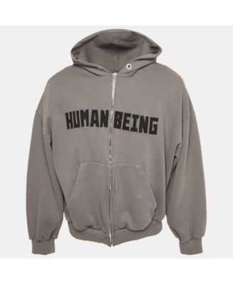 Men's Unisex Grey Cotton Distressed Zip-Up Hoodie