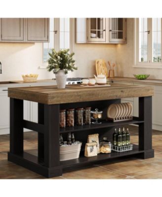 Kitchen Island with 3 Shelves, 55 Inches Width Kitchen Shelf with Large Worktop
