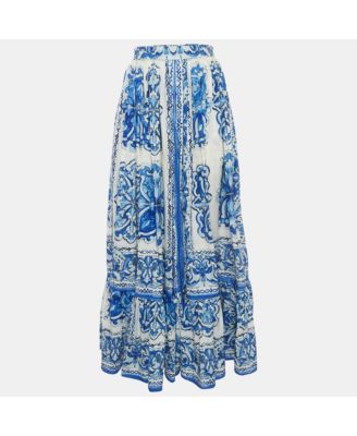 Women's Blue/white Majolica Print Pleated Maxi Skirt