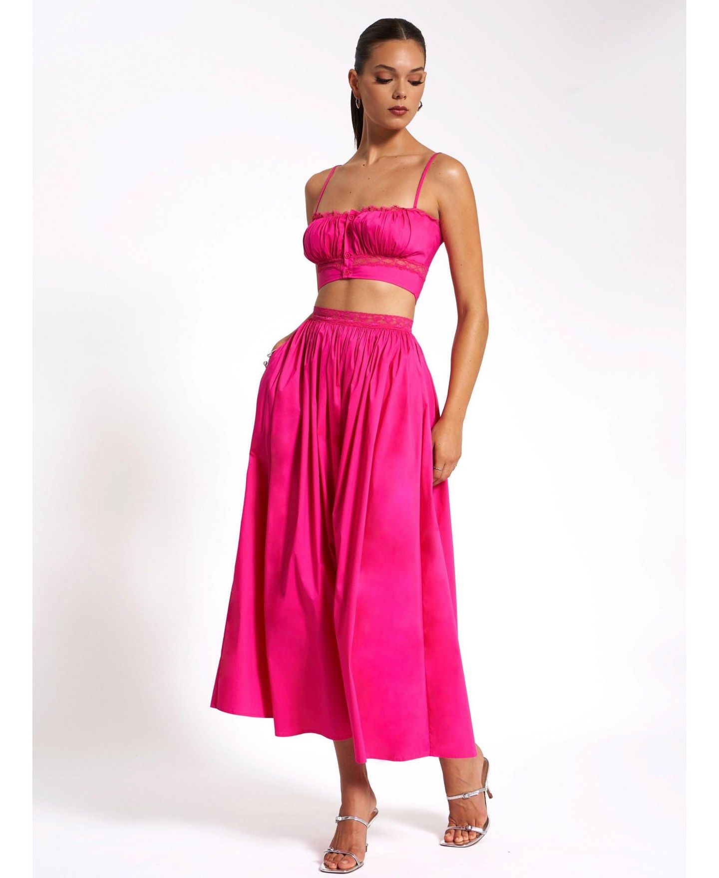 Женская юбка Miss Circle Martha Fuchsia Cotton Poplin Maxi Skirt With Lace Trim, цвет: Фуксия — фото 2