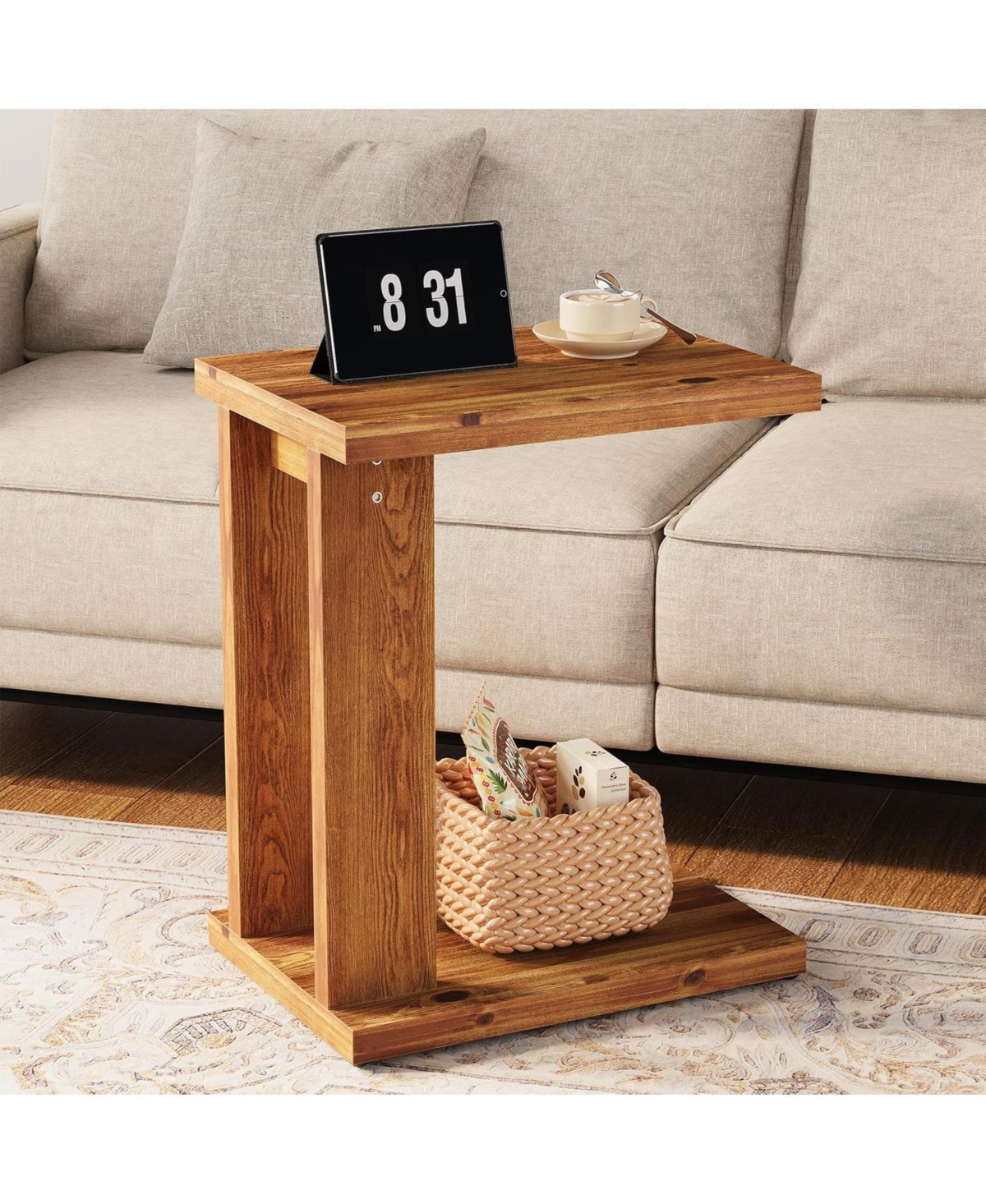 Tribesigns Solid Wood C-Shaped End Table, Wooden Side Table for Sofa, 2-Tier Bedside Nightstand for Living Room, Bedroom