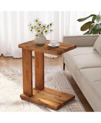 Solid Wood C-Shaped End Table, Wooden Side Table for Sofa, 2-Tier Bedside Nightstand for Living Room, Bedroom