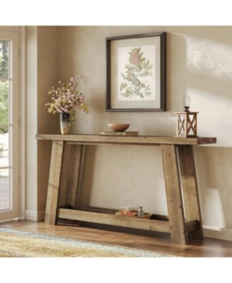 63-Inch Solid Wood Console Table, Farmhouse Entryway Table with 2-Tier Shelf, Narrow Sofa Table Behind Couch