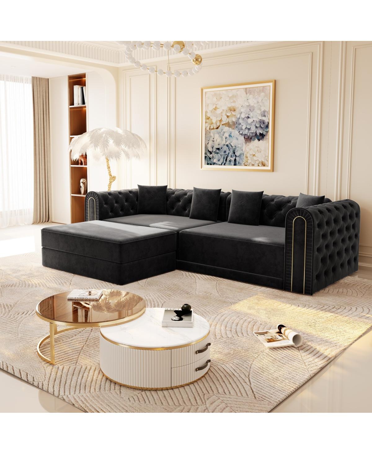 Streamdale Furniture Elegant 3-in-1 Convertible Sleeper Sofa with Gold Trim, Black