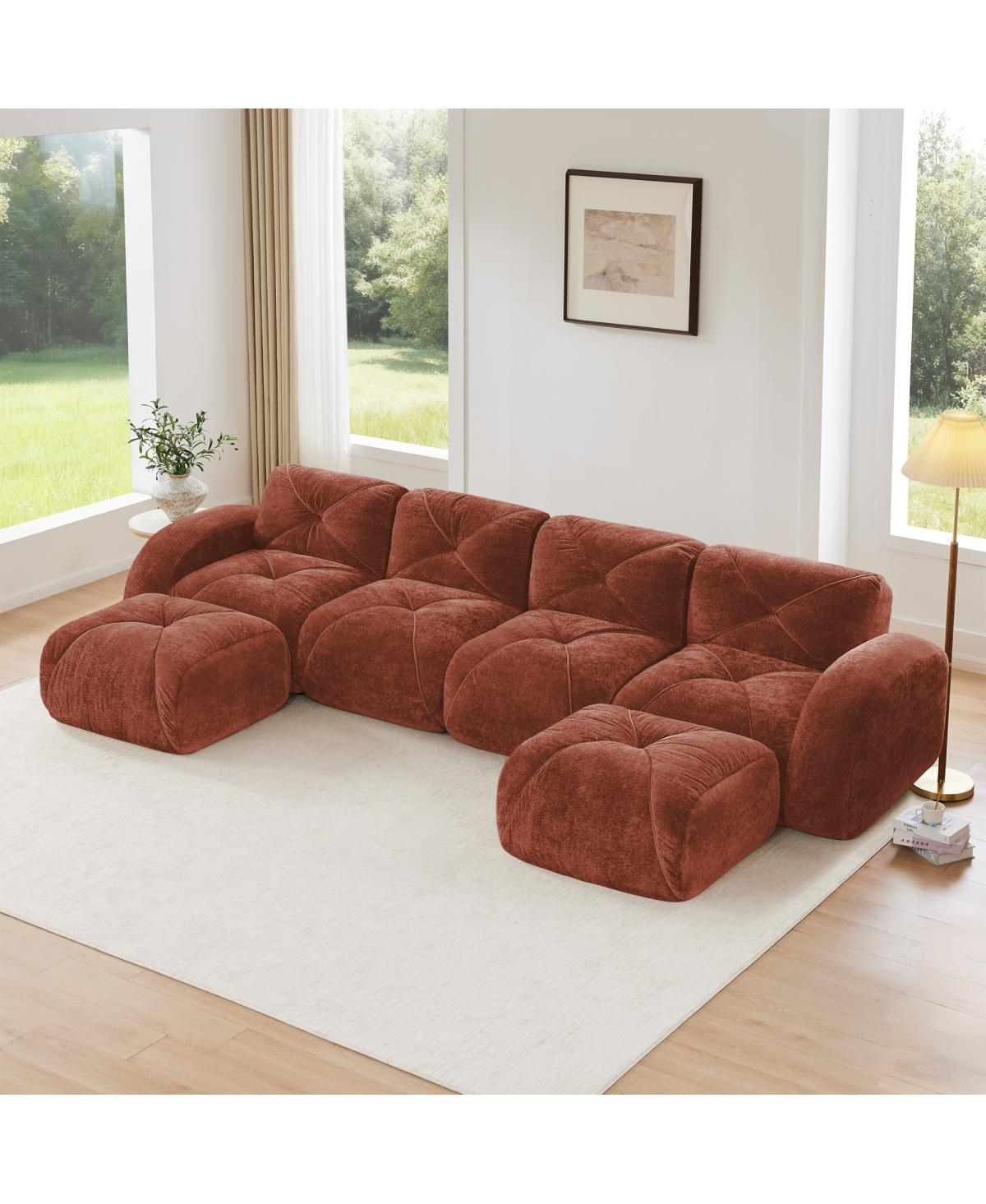 Streamdale Furniture U-Shaped Boneless Sofa, Tufted, 32D Sponge, Anti-Slip, Red Brown
