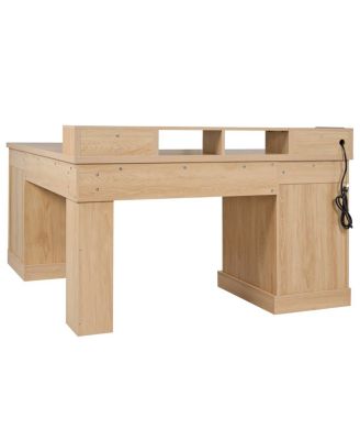  59" Modern Fluted L-Shaped Desk with Charging Station & Storage Cabinet - Oak