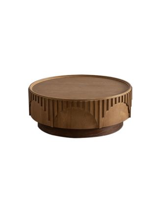  Modern Round Coffee Table - Solid Wood & MDF Moon-Cut Fluted Center Table