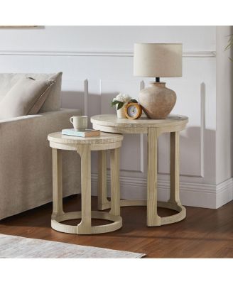  24" 2PC Curved Round Wooden Coffee Table Set, Mid Century Rustic Oak