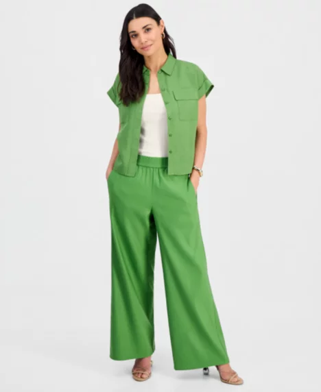Petite High-Rise Pull-On Wide-Leg Pants - Fresh Basil