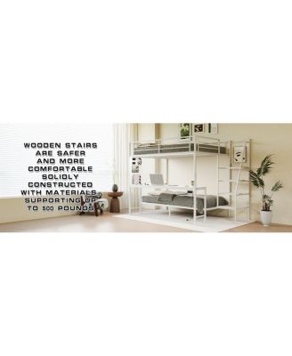  White full size bunk bed with twin size, LED light and charging socket