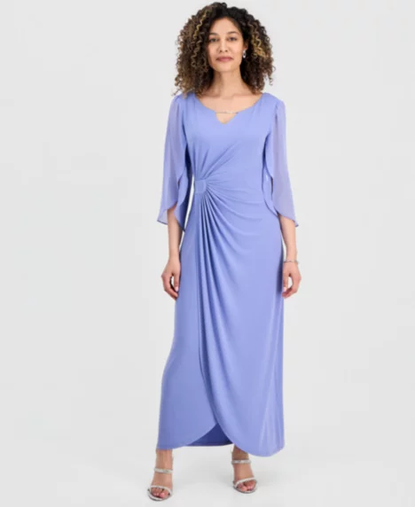 Petite 3/4-Sleeve Gathered Gown - Periwinkle