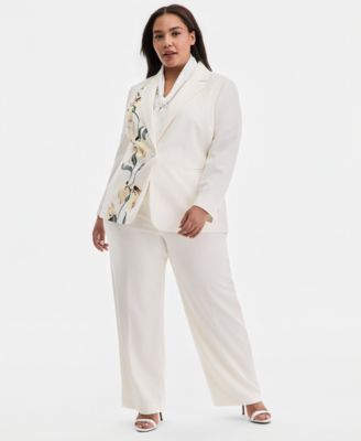 Plus Size Floral-Print One-Button Blazer & Pull-On Flap-Pocket Pants