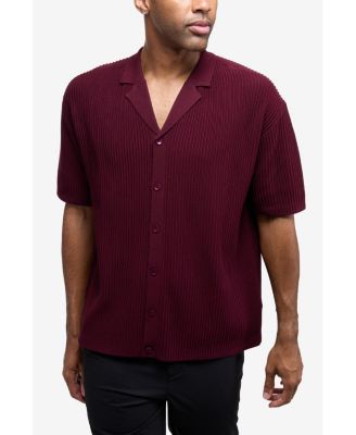 Men's Short Sleeve Vertical Ottoman Camp Collar Button Down Sweater Polo
