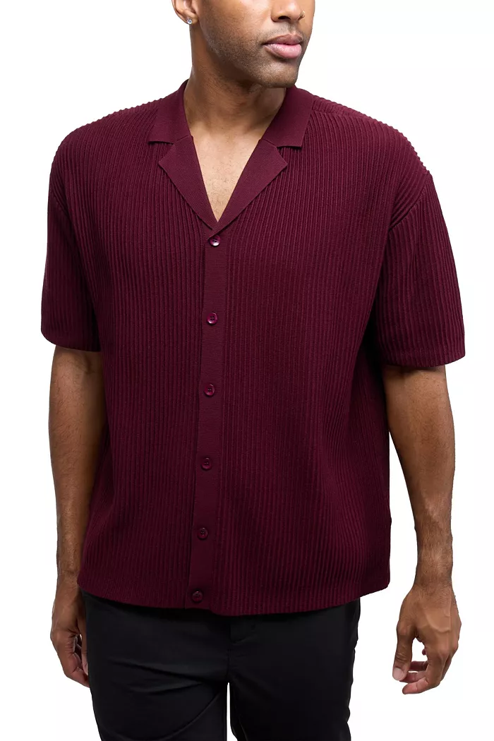 Men's Short Sleeve Vertical Ottoman Camp Collar Button Down Sweater Polo - thumbnail 5