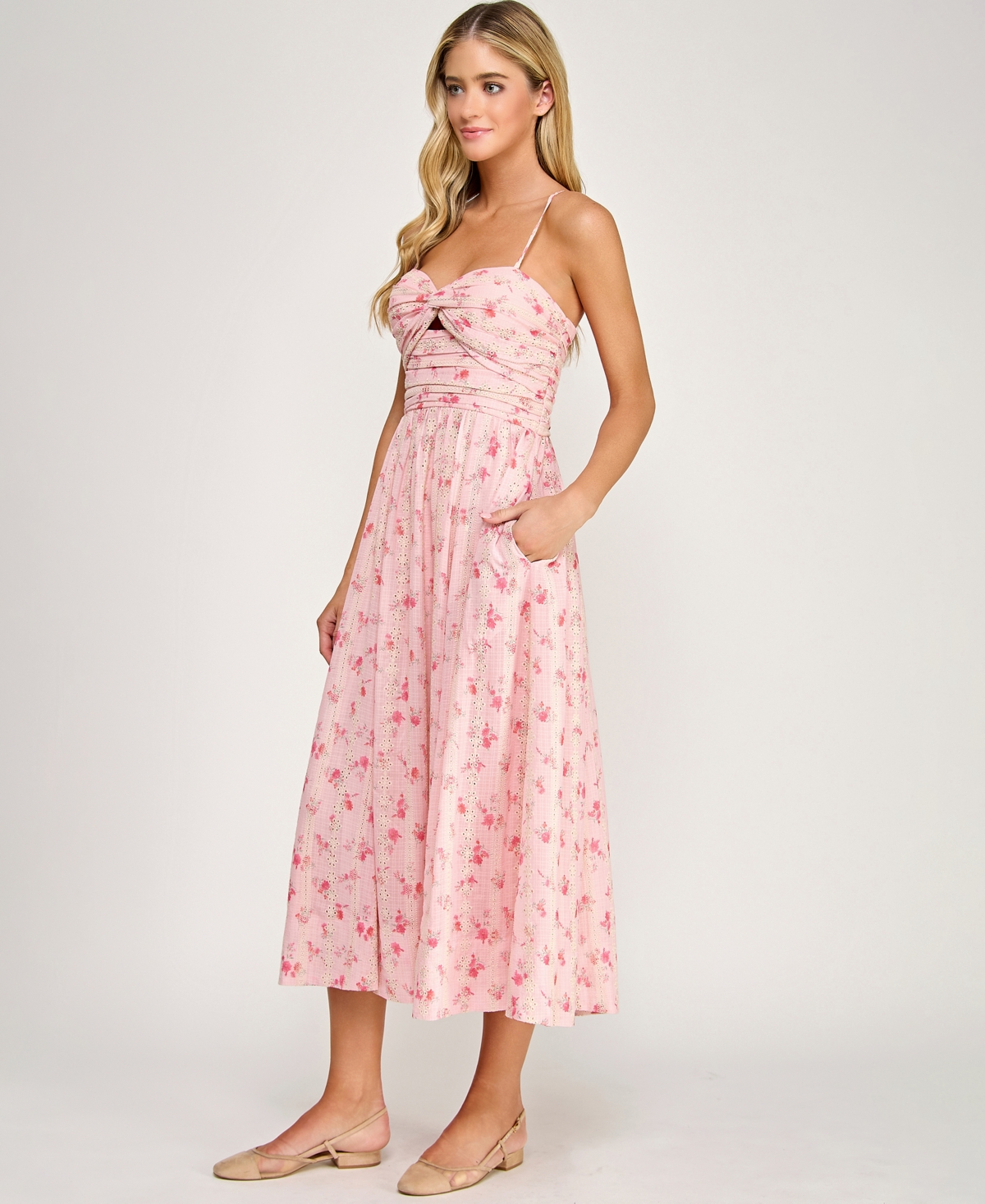 City Studios Juniors' Floral Embroidered Twist-Front Midi Dress