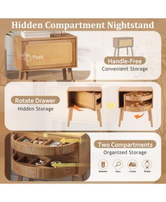 Rotating Hidden Compartment Nightstands, Mid Century Rattan Bedside Table with Flip Drawer and Wood Legs for Living Room, Bedroom