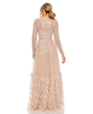 Petite Disc Embellished Sequin Gown with Feather Detail