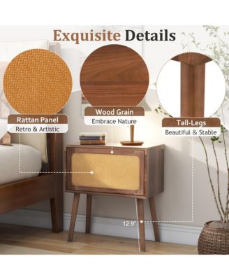 Rotating Hidden Compartment Nightstands, Mid Century Rattan Bedside Table with Flip Drawer and Wood Legs for Living Room, Bedroom