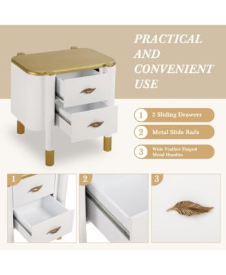 2 Drawers Nightstand with Curved Profile Design, Bedside Table with Metal Feather-Shaped Handles, End Table for Living Room and Bedroom