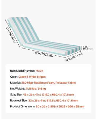 80 x 26 x 4 in Chaise Lounge Cushion Set of 2, Waterproof Fade-Resistant Sun Lounger Cushions with Ties, Stripes