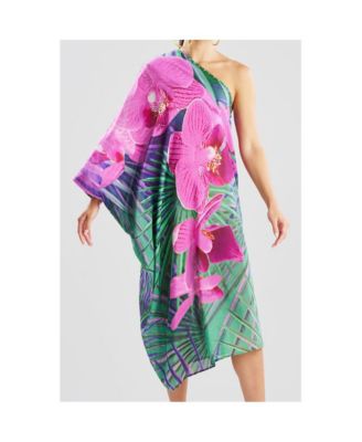 Women's Orchid - Silk Cotton Voile One Shoulder Caftan w/ Beading