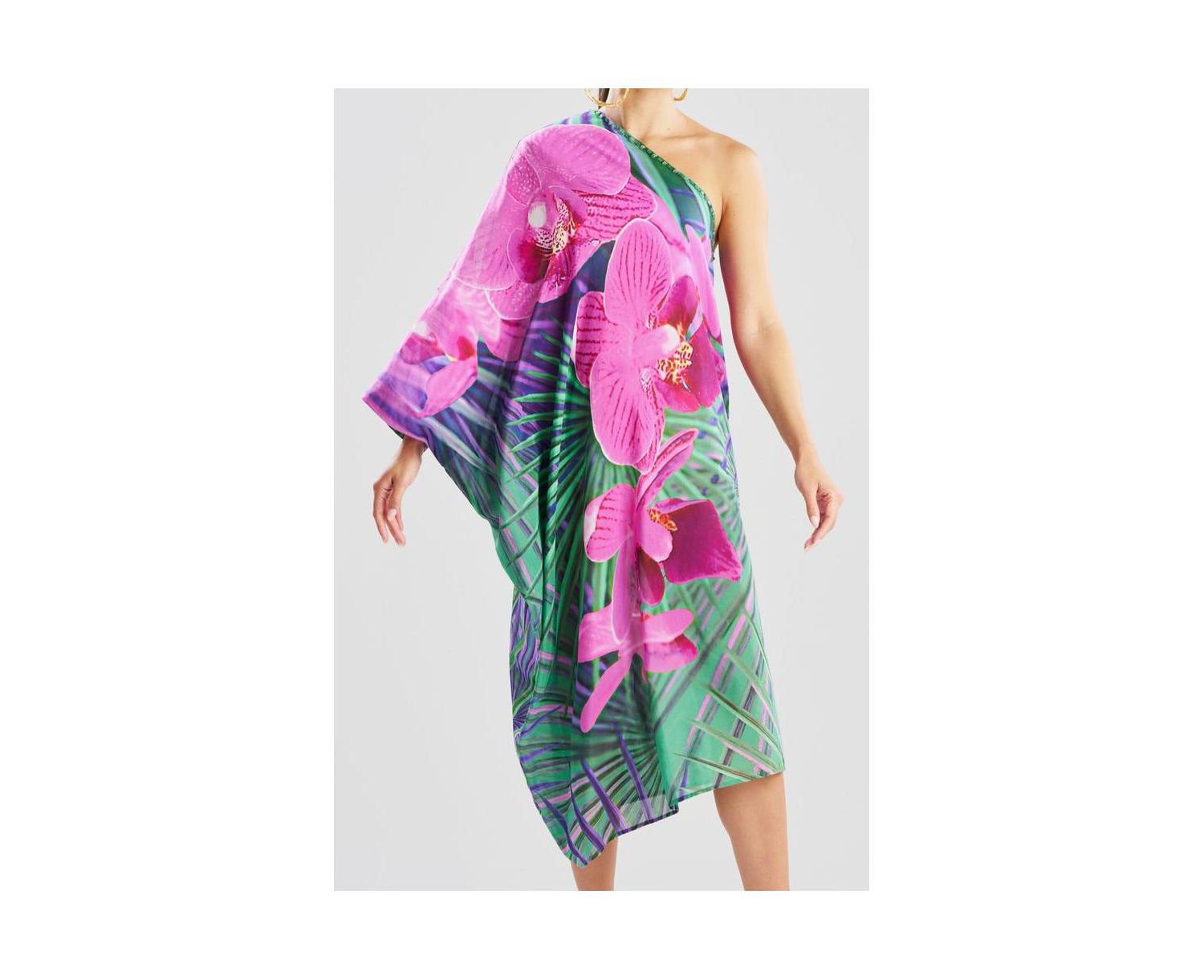 Women's Orchid - Silk Cotton Voile One Shoulder Caftan w/ Beading