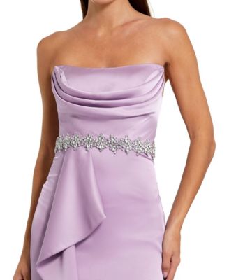 Women's Strapless Satin Gown With Embellished Belt Detail
