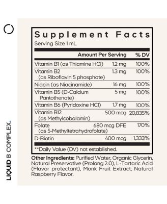 Liquid B-Complex Supplement with 8 Forms of Vitamin B Vitamin Thiamine B1, Riboflavin B2, B3, B5, B6, Biotin B7, Methylated B9 & B12, 1 fl oz