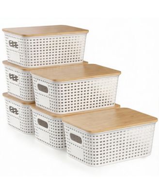 6-Piece Stackable Bamboo Lid Storage Bins for Small Space Organization