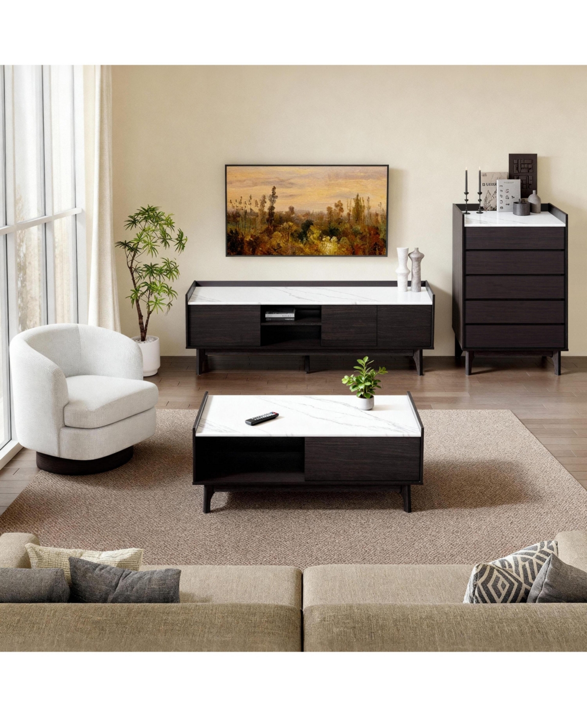 LuxenHome Modi Wenge Coffee Table with 1 Door, Open Storage & Raised Sides, Faux Marble Top, Manufactured Wood