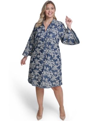Plus Size Embroidered Denim Shift Dress