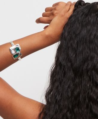 Metal Alloy Bracelet plated in Sterling Silver with Green and White Faceted Crystals