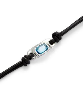 Leather and Metal Alloy Bracelet, plated in Sterling Silver, with Blue Faceted Glass