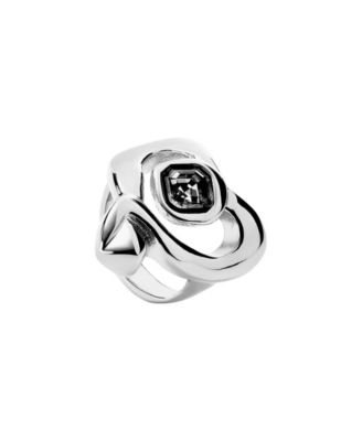 Silver-Plated Ring with Large Heart and Black Crystal Center