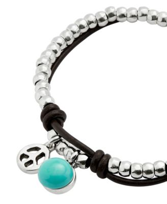 Silver-Plated Beaded Bracelet with Leather and Turquoise Murano Glass Beads