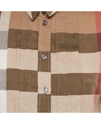 Women's Beige Checks Cotton Pink Tucks Shirt