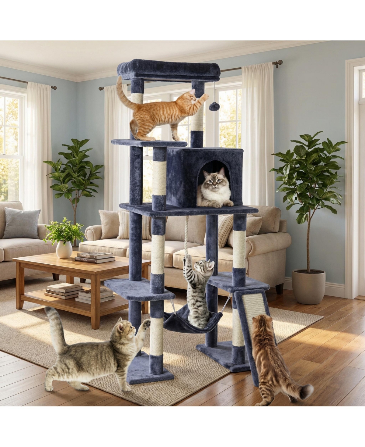 Zeus & Ruta 63in Cat Tree Tower: Large Multi-Story, Sisal Posts, Extended Platform, Hammock