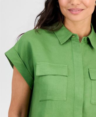 Petite Linen-Blend Short-Sleeve Button-Front Shirt