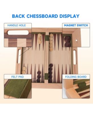 16" Deluxe 3-in-1 Wooden Folding Chess Checker and Backgammon Board Game Combo Set for Kids & Adults