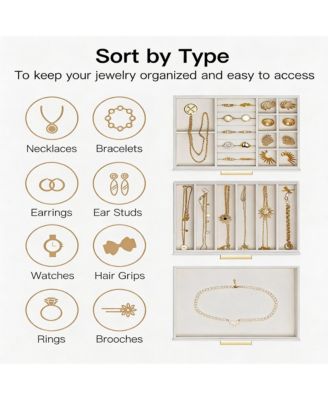 3 Layer Leather Jewelry Box with Clear Lid and Gold Hardware