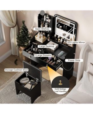 Vanity Desk LED Light Mirror and Charging Station Small Makeup Vanities Set for Bedrooms, Apartments, Easy to Assemble