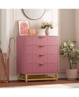 Dresser for Bedroom, 4 Drawer Pink Wooden Dresser with Gold Handles, Modern Storage Dressers & Chests of Drawers for Hallway,