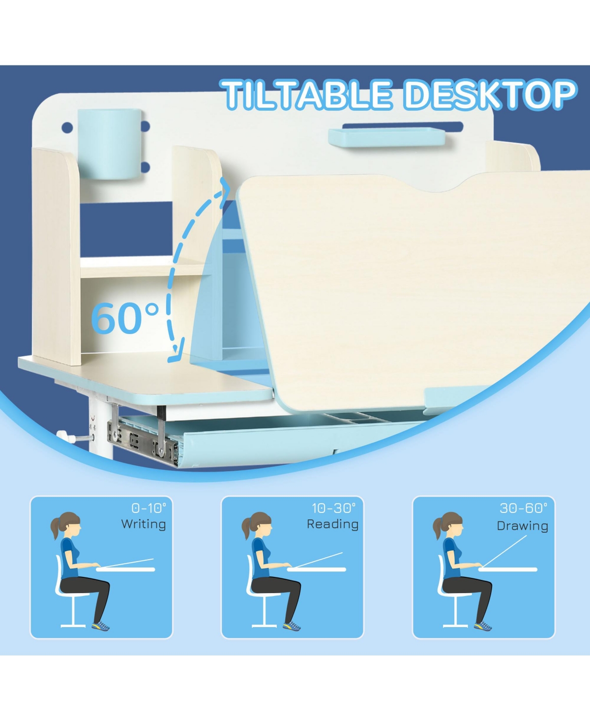 Hongge Kids Adjustable Study Desk with Tilt Top Storage Design for Ages Three to Twelve