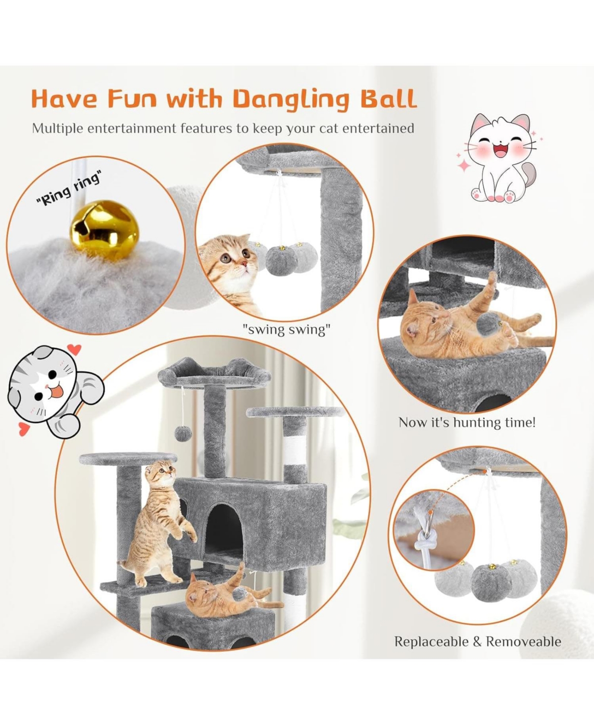 Zeus & Ruta 54" Light Grey Cat Tree Tower: Multi-Level, Sisal Post, Ladder, Plush Toys, Rest & Play