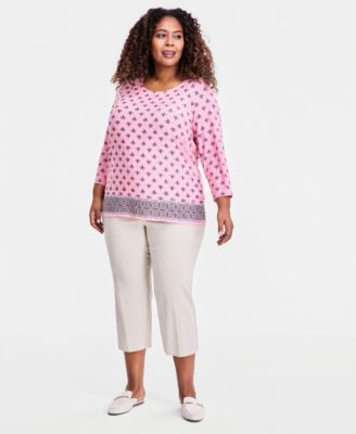 JM Collection Plus Size Printed Jacquard 3/4-Sleeve Top