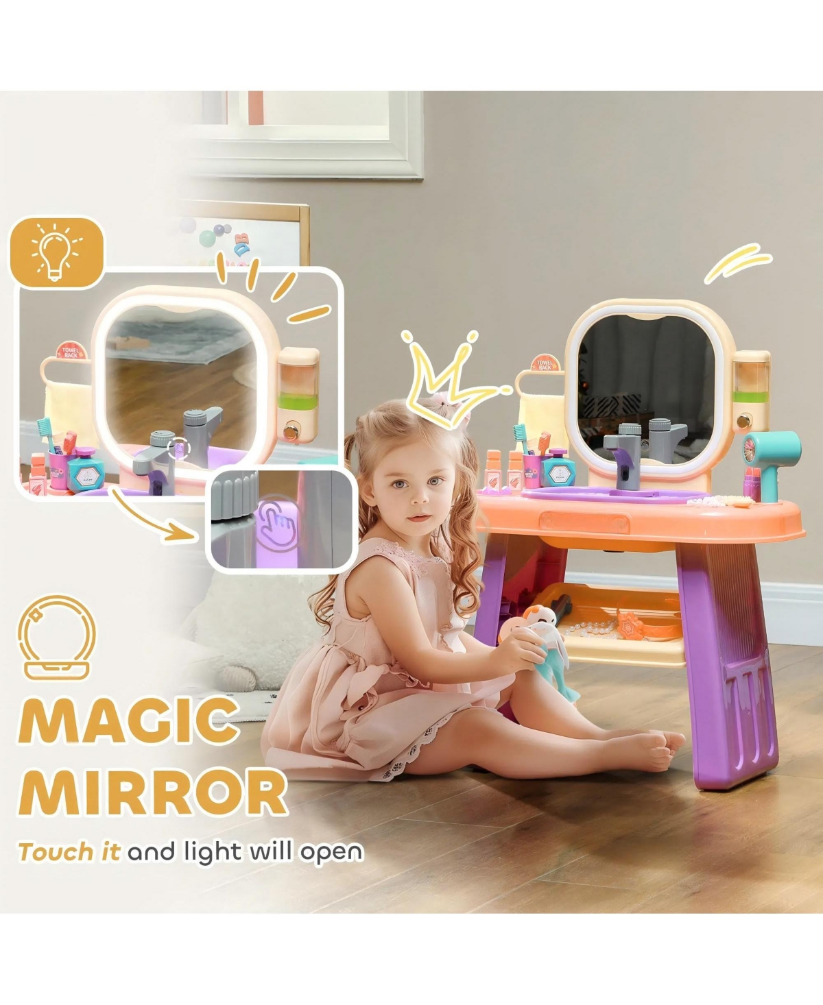 Hongge Kids Vanity Play Set with Led Mirror and Water Play Sink for Ages 3 to 6 Bedroom Pretend Play Furniture